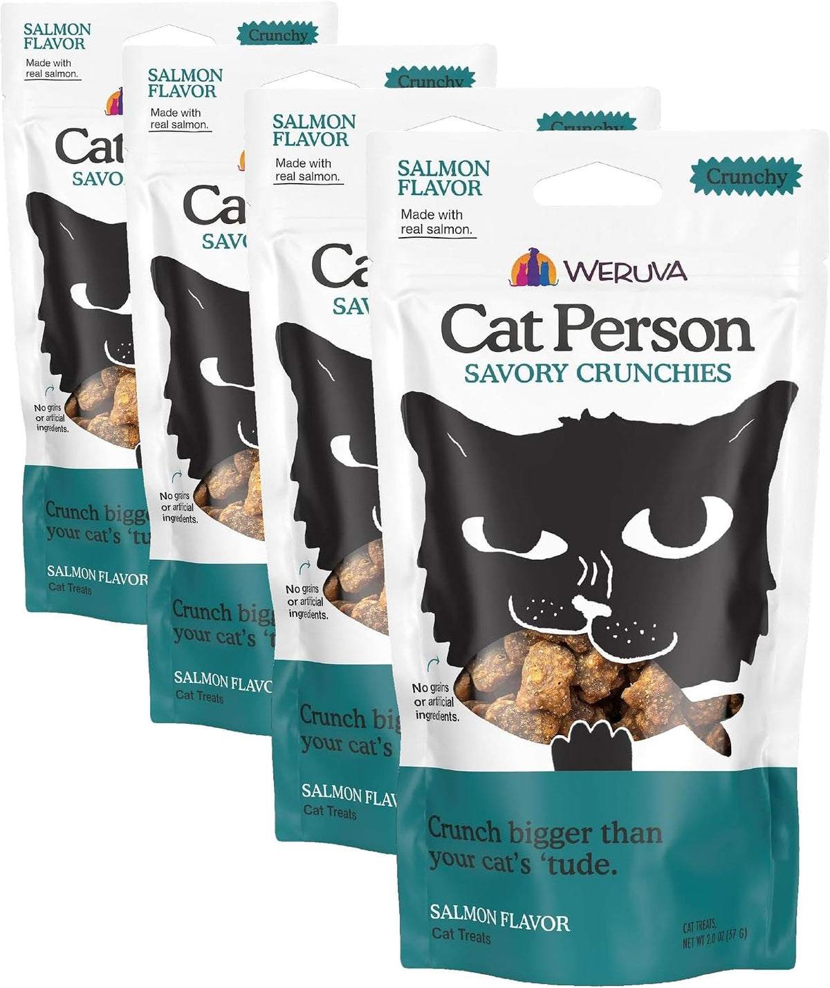 Cat Person premium chicken savory crunchies showing back of packaging and ingredient list