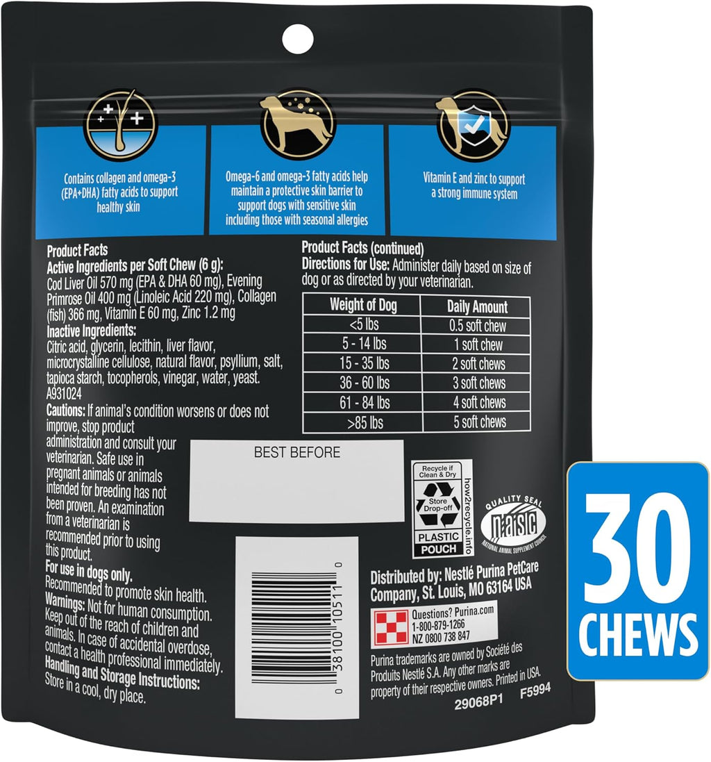 Purina Pro Plan Veterinary Skin Care Soft Chew Dog Supplements with Omega-3 Fish Oil, EPA, DHA to Support Seasonal Allergies & Strong Immune System - (Pack of 1) 30 ct. Pouches - Image 9