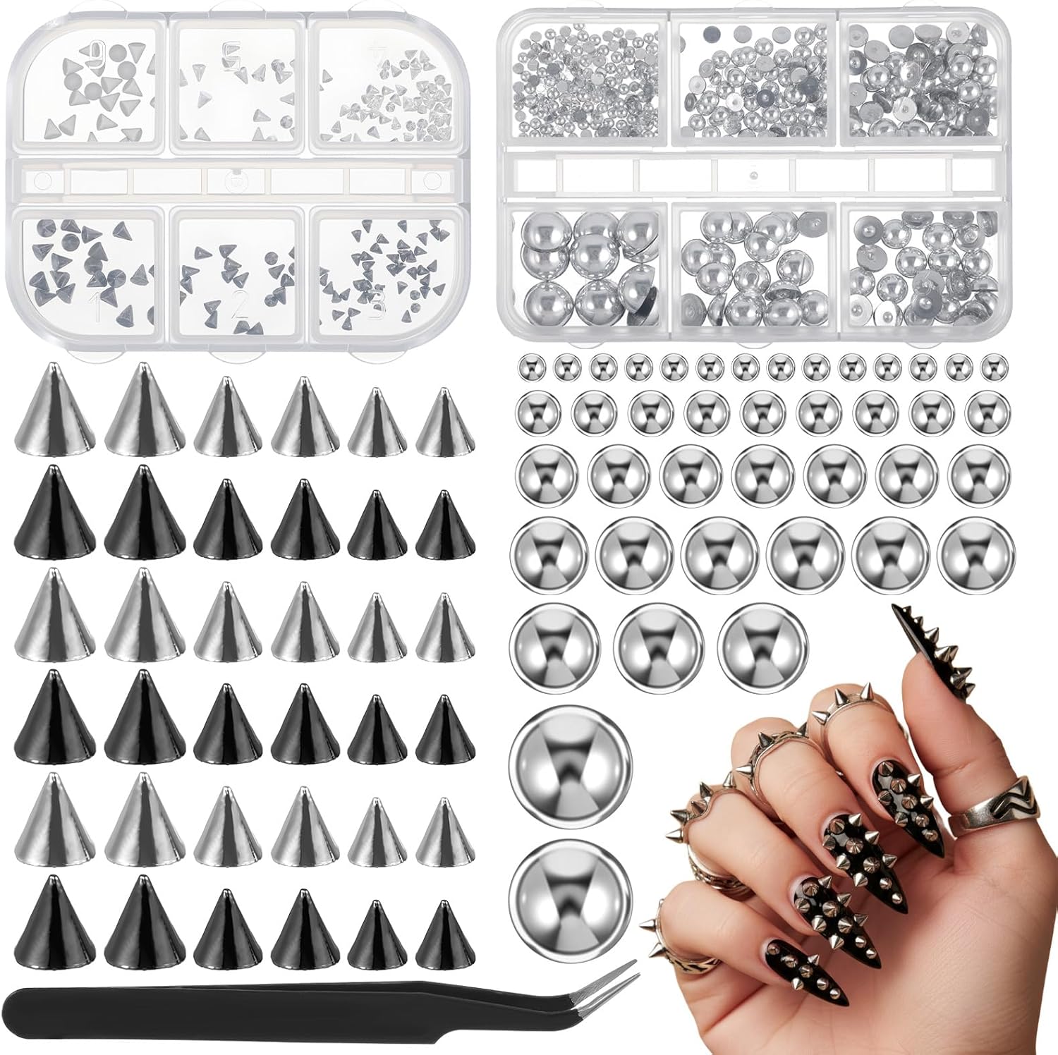 Teaaha 12 Grids 3D Metal Punk Nail Charms kit front view