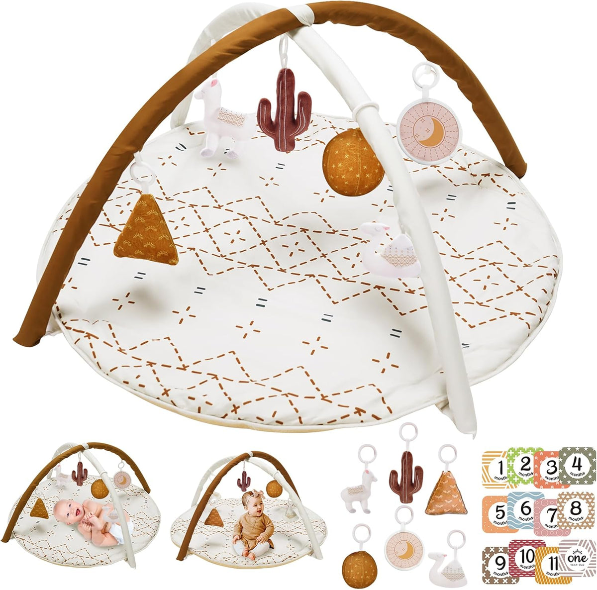 Little Dove Macrame Baby Play Gym Mat front view with arches and hanging toys