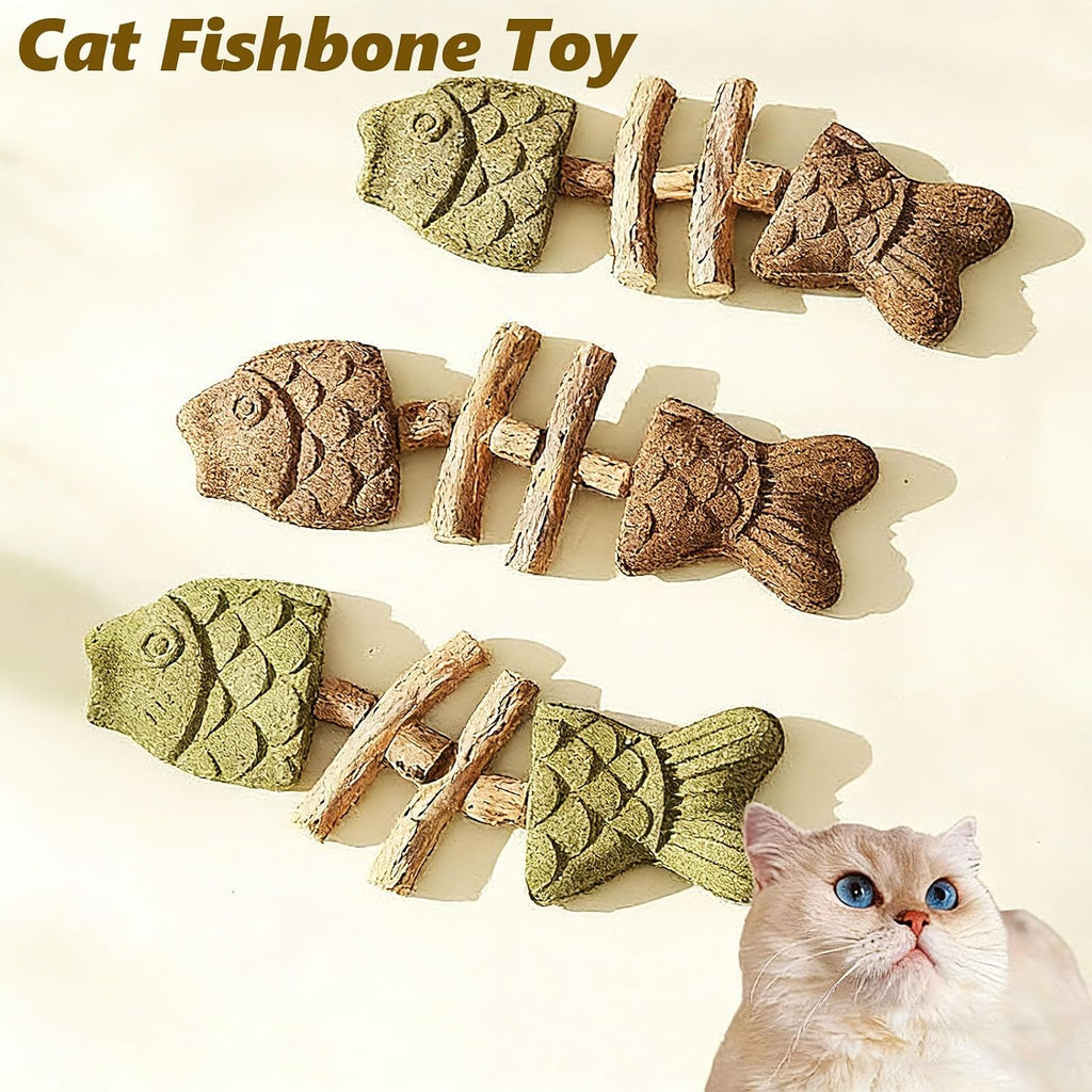 Textured fishbone cat toy cleaning plaque and tartar from adult cat teeth