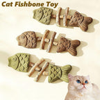 Textured fishbone cat toy cleaning plaque and tartar from adult cat teeth