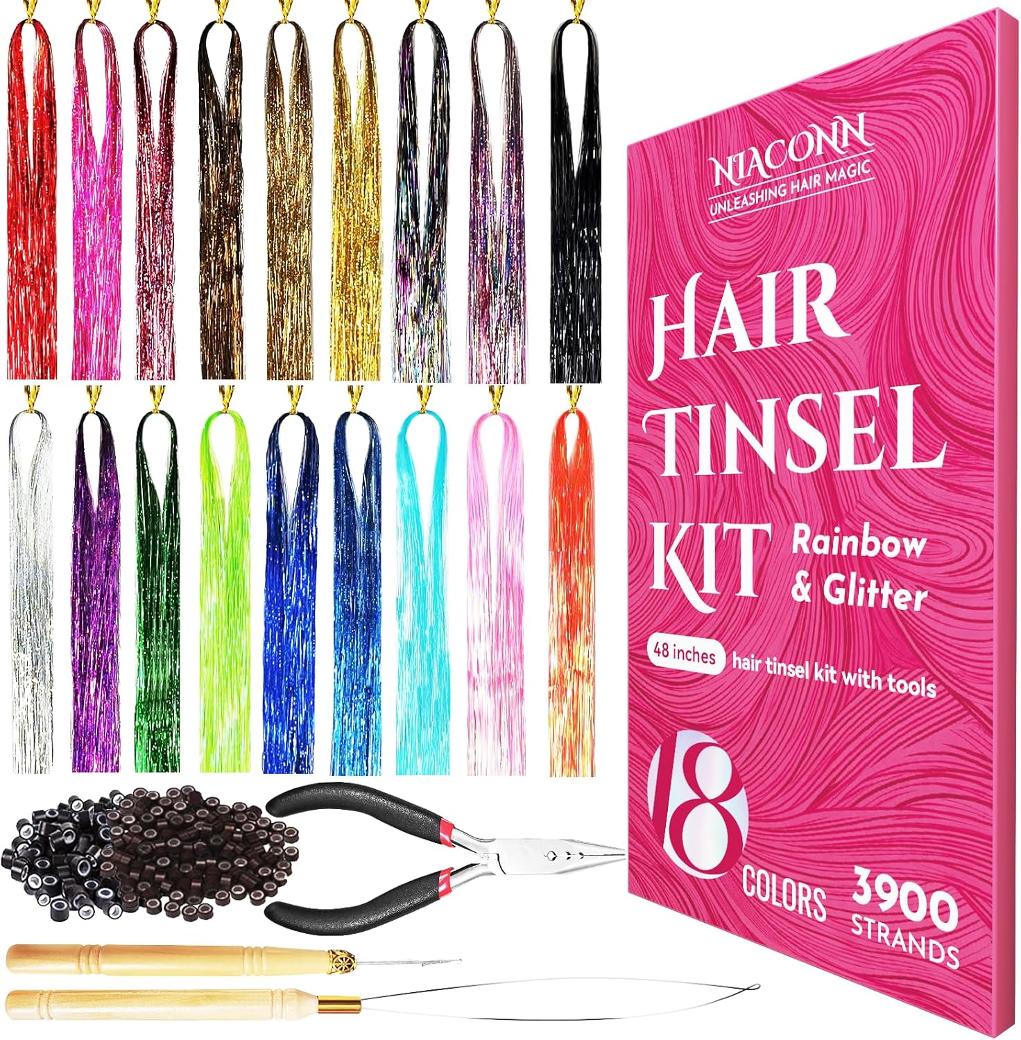 NIACONN Glitter Hair Tinsel Extensions Kit front view showing 18 colorful sparkly strands