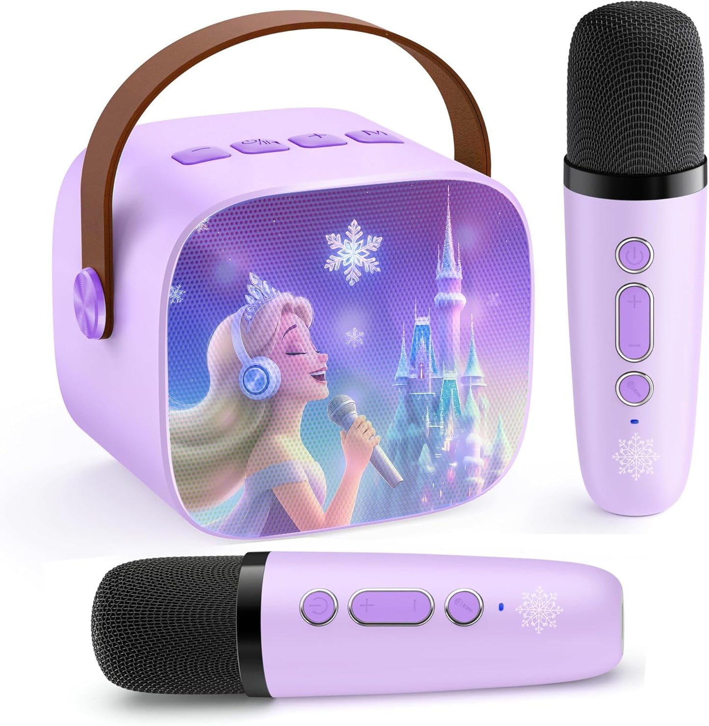 Lrjrizzo kids frozen mini karaoke machine front view with purple speaker and two matching wireless microphones