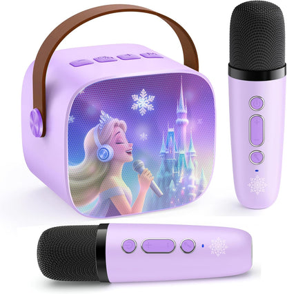 Lrjrizzo kids frozen mini karaoke machine front view with purple speaker and two matching wireless microphones
