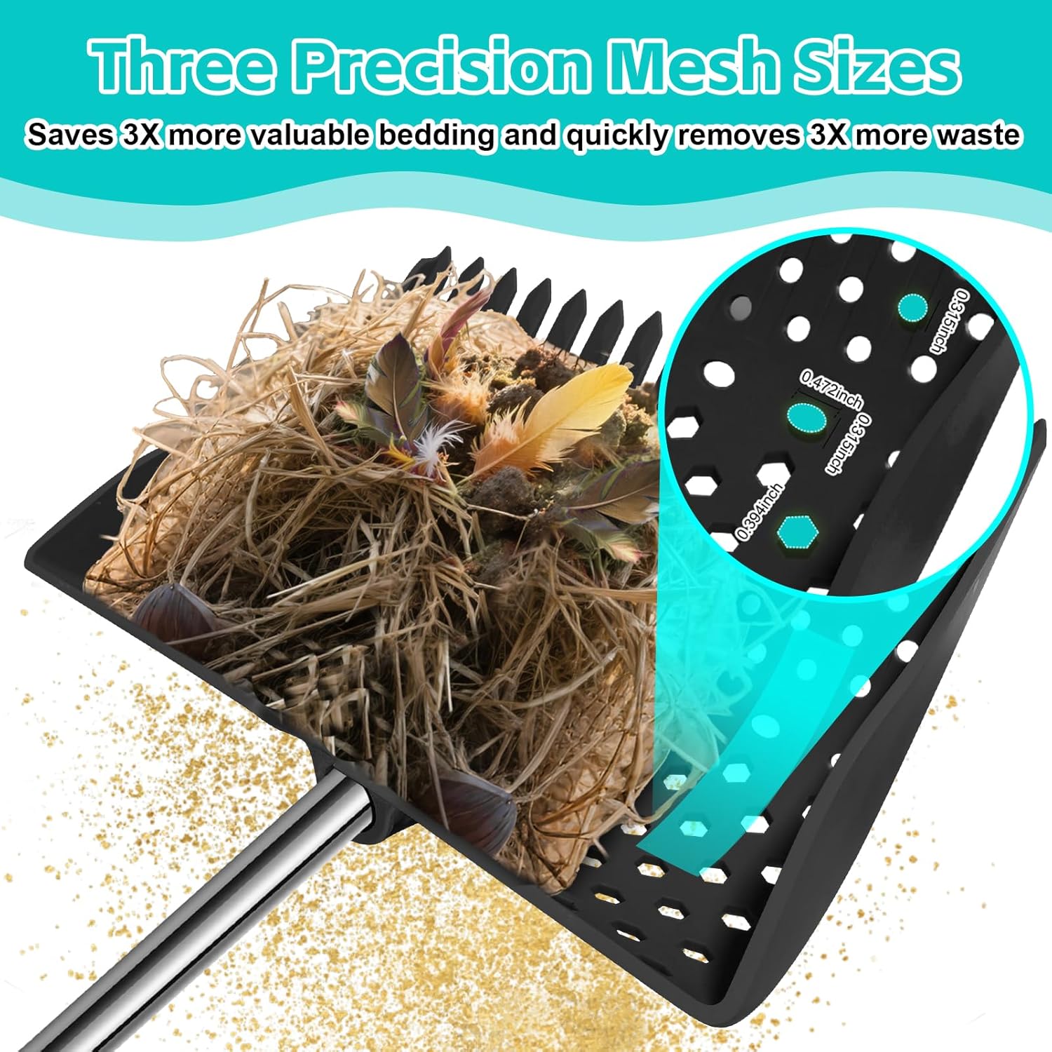 12" 2-in-1 Chicken Poop Scooper & Rake (US Patent No. D1124534), 3-Shape Sifting Holes Chicken Coop Rake, Stainless Steel Handle (20-61") - Litter Scoop Sand & Sifting Shovel (Black) - Image 9