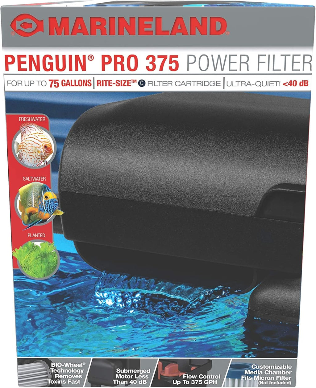 MarineLand penguin 375 aquarium filter front view box packaging