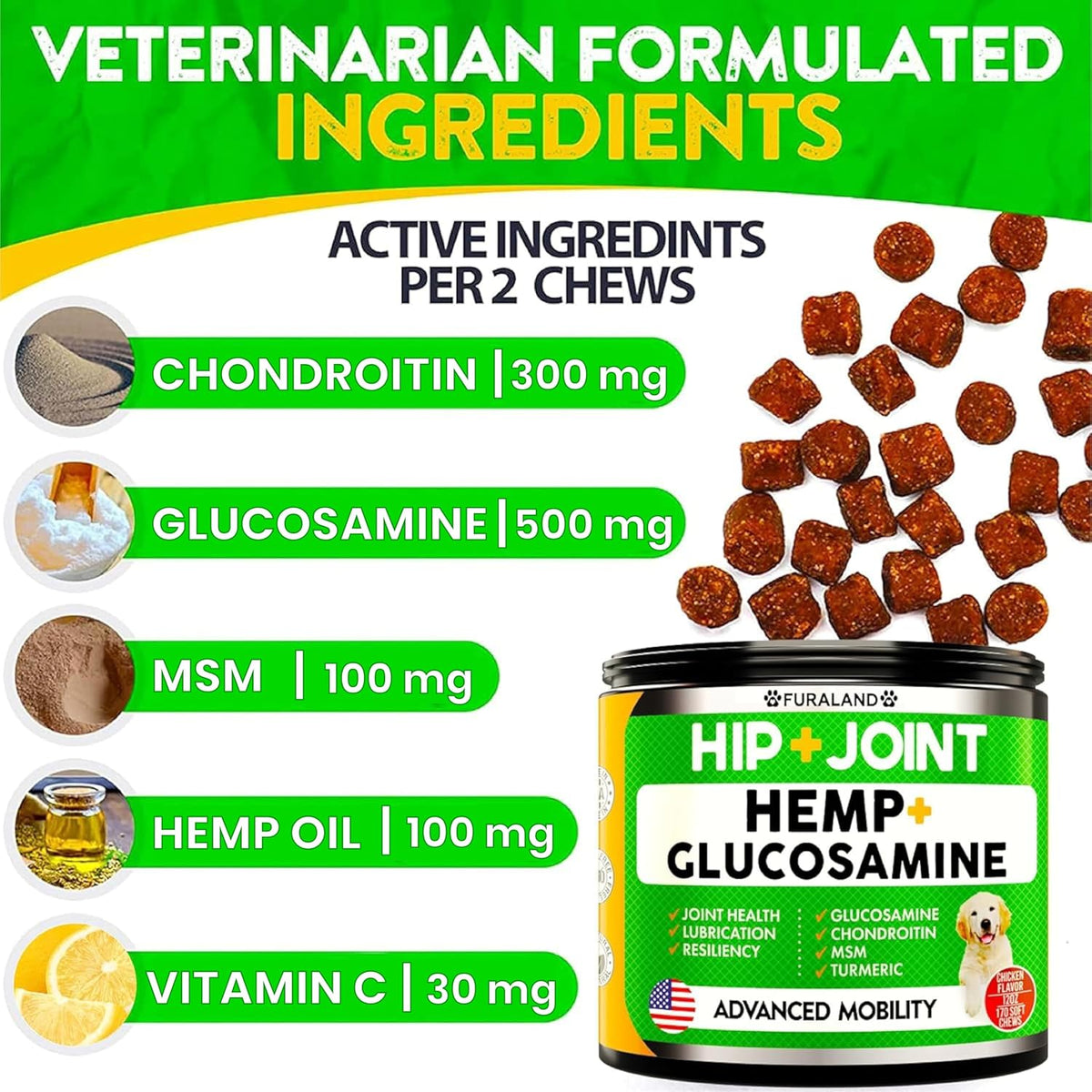 Furaland glucosamine and chondroitin canine mobility chew facts and ingredients list