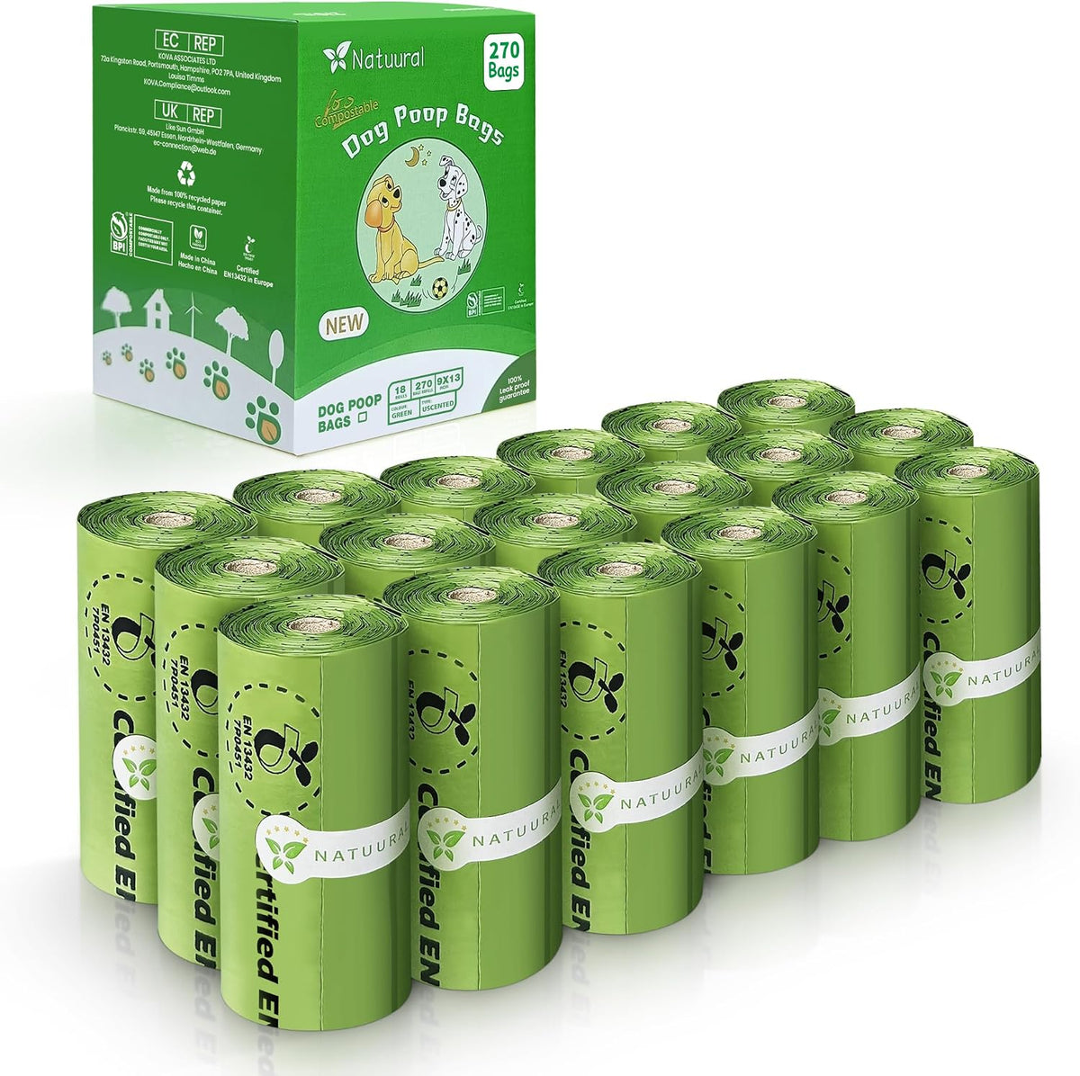 Natuural compostable dog poop bags front view showing the green rolls pack.