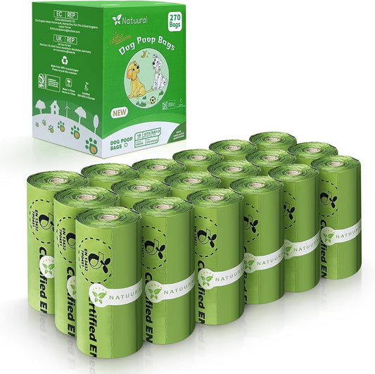 Natuural compostable dog poop bags front view showing the green rolls pack.