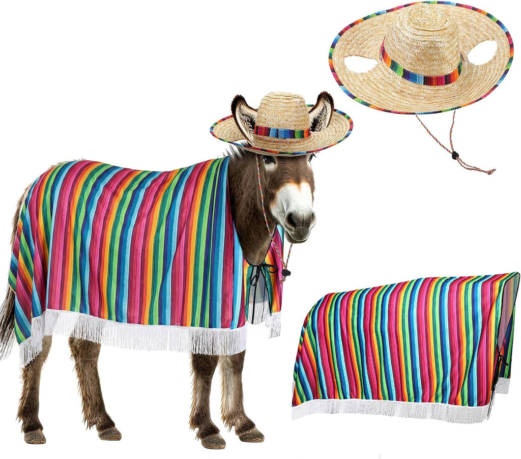 Lyrow Mexican donkey costume featuring rainbow poncho and sombrero set