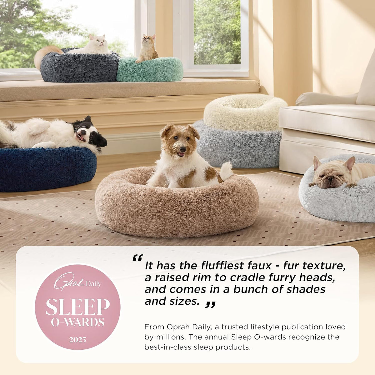 Plush faux fur texture of the Bedsure donut pet bed