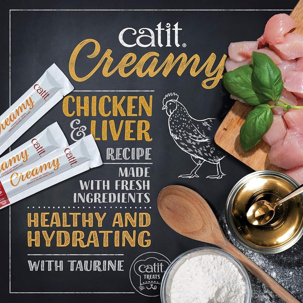 Catit healthy lickable treats individual flavors including salmon and chicken.