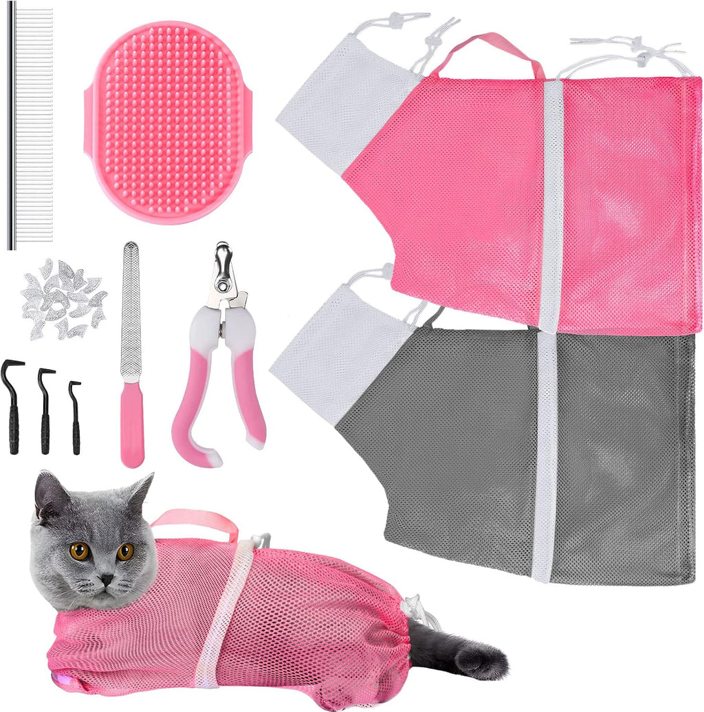 JULMELON cat washing bag 10 piece set front view showing pink and grey mesh restraint bags with grooming accessories