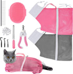 JULMELON cat washing bag 10 piece set front view showing pink and grey mesh restraint bags with grooming accessories