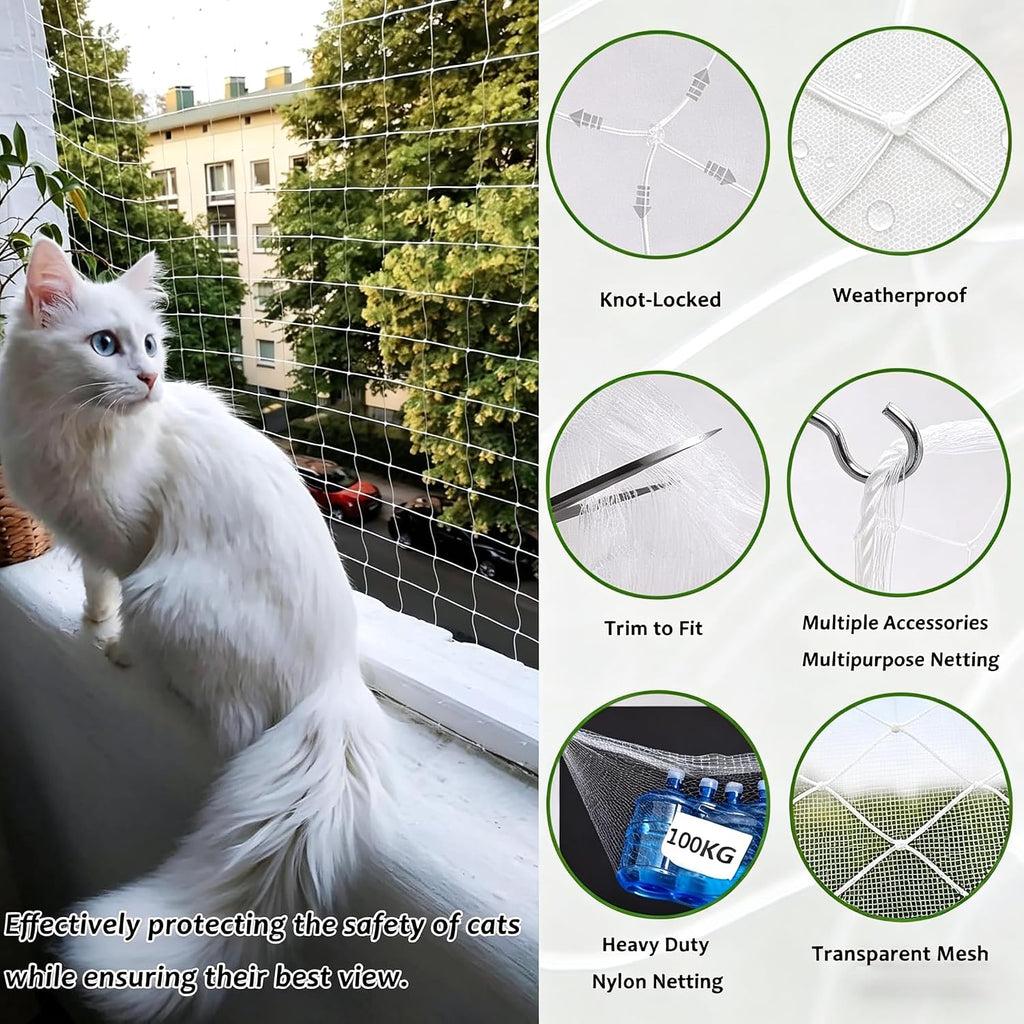 Cat safely looking through HomyPower balcony protection mesh on a sunny day