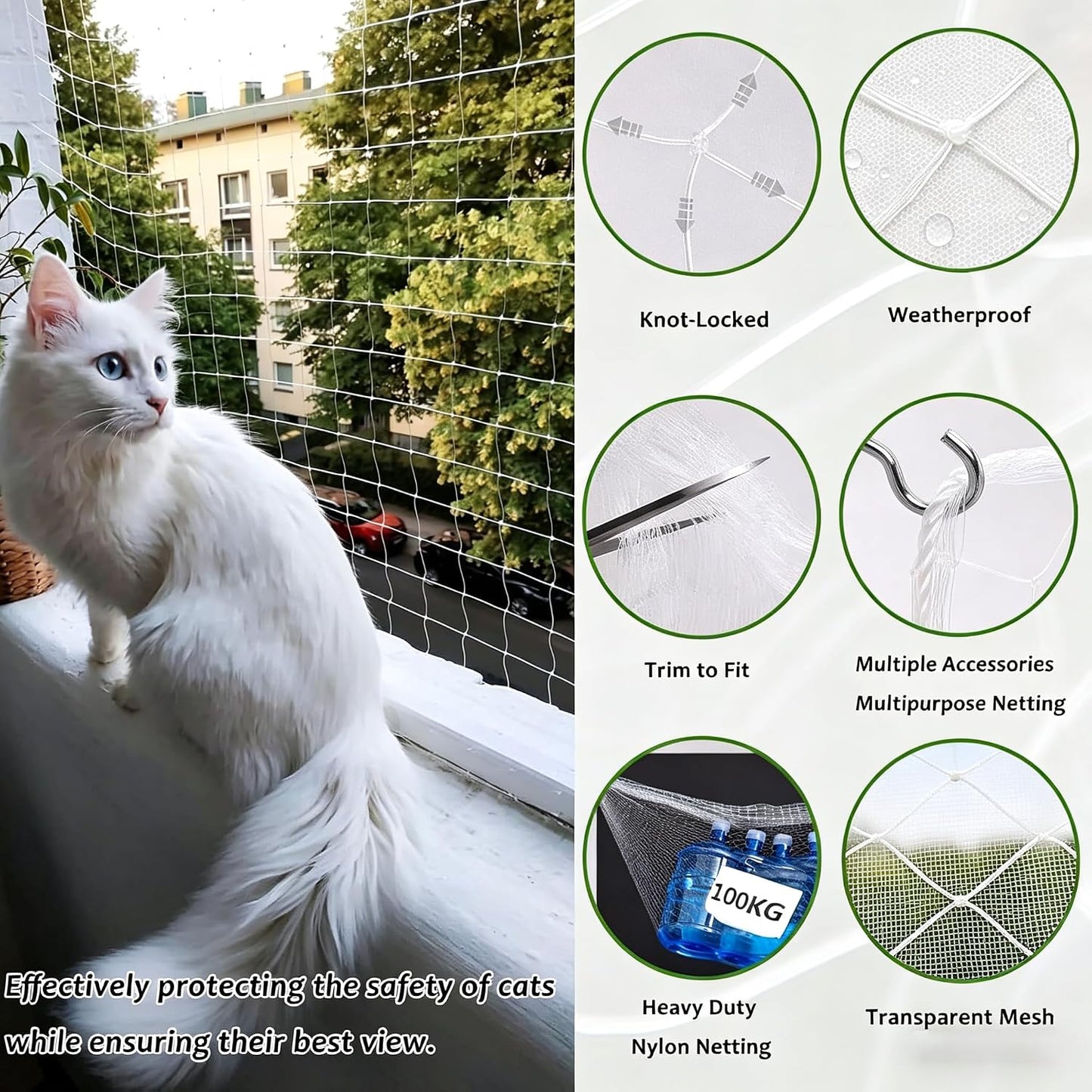 Cat safely looking through HomyPower balcony protection mesh on a sunny day