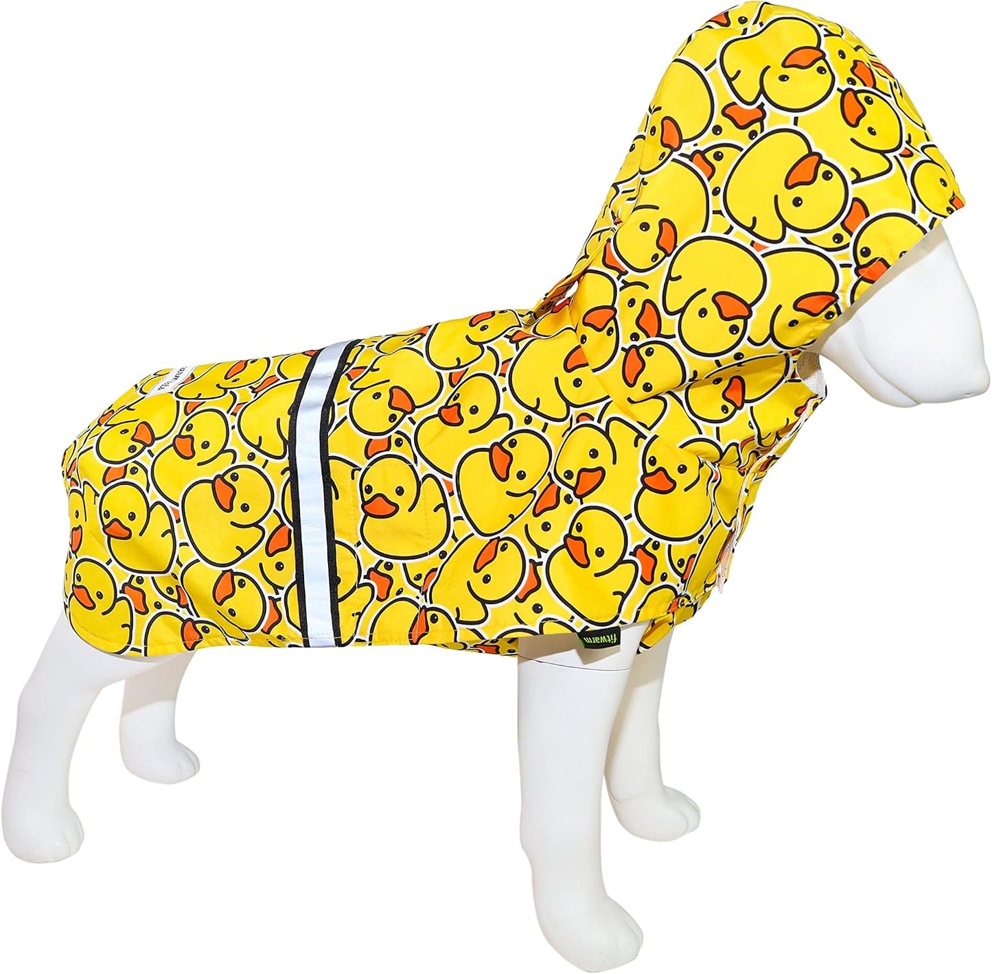 Fitwarm hooded dog rain poncho showing reflective safety stripes
