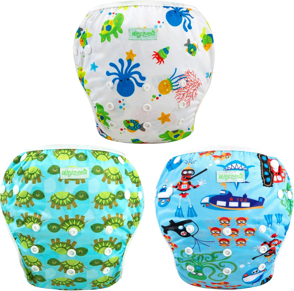 Wegreeco reusable swim diaper front view with ocean turtle design
