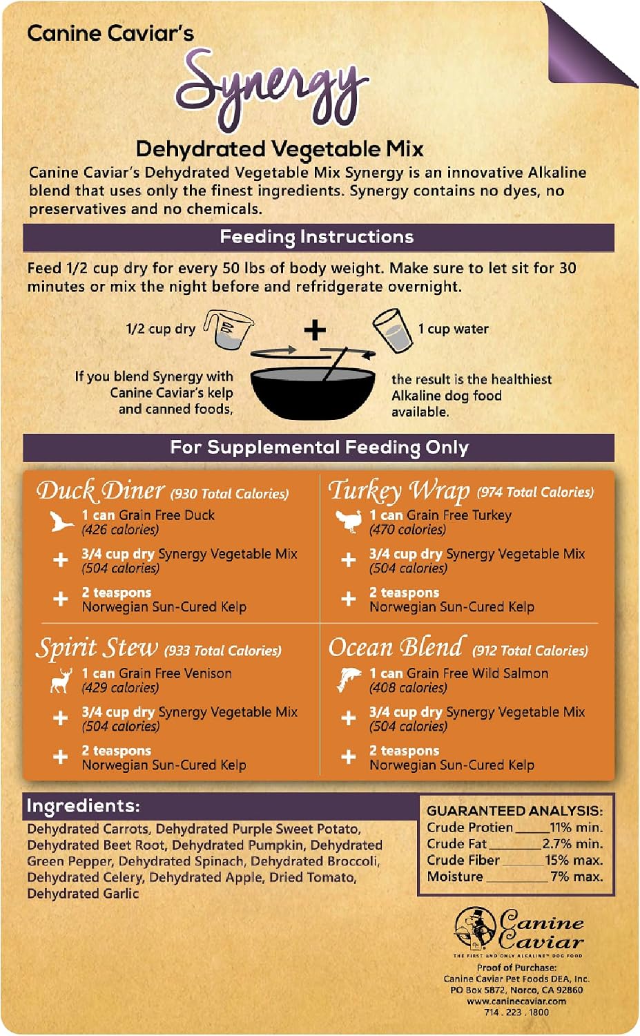 Canine Caviar Synergy dog food topper nutrition label