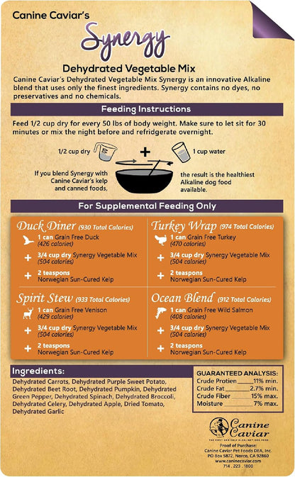 Canine Caviar Synergy dog food topper nutrition label