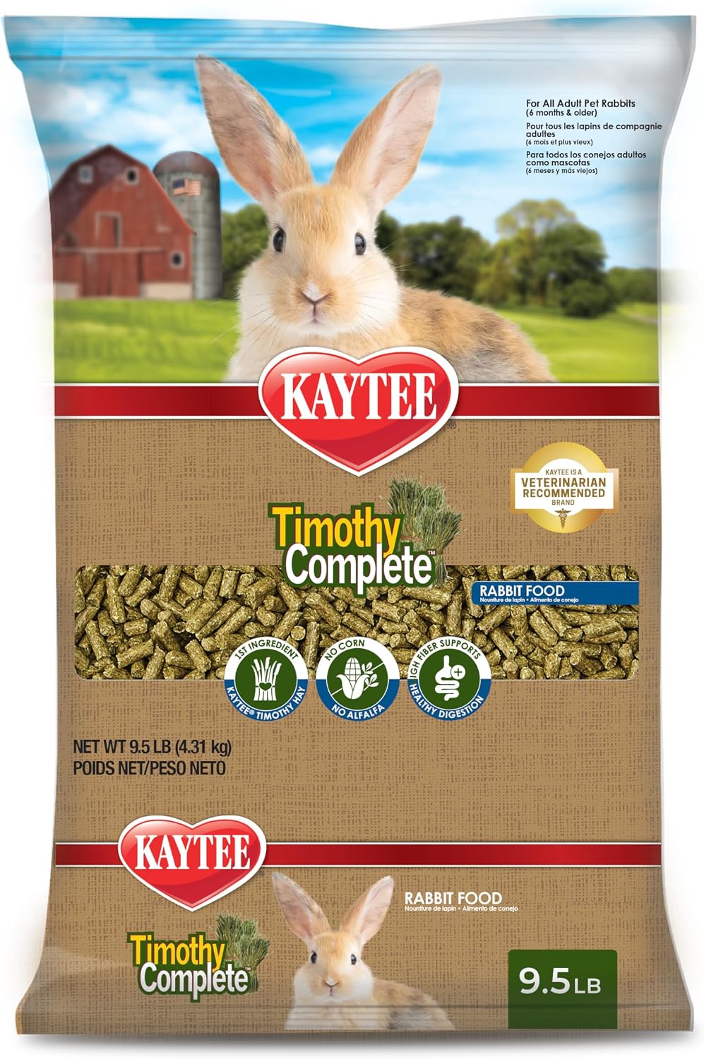 Kaytee Timothy Complete Rabbit Food front packaging view for adult rabbit nutrition.