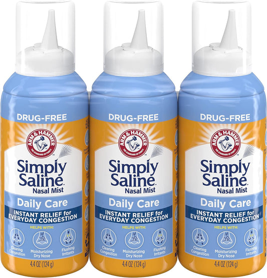 Arm And Hammer Simply Saline Daily Care Nasal Mist front view package for natural congestion relief