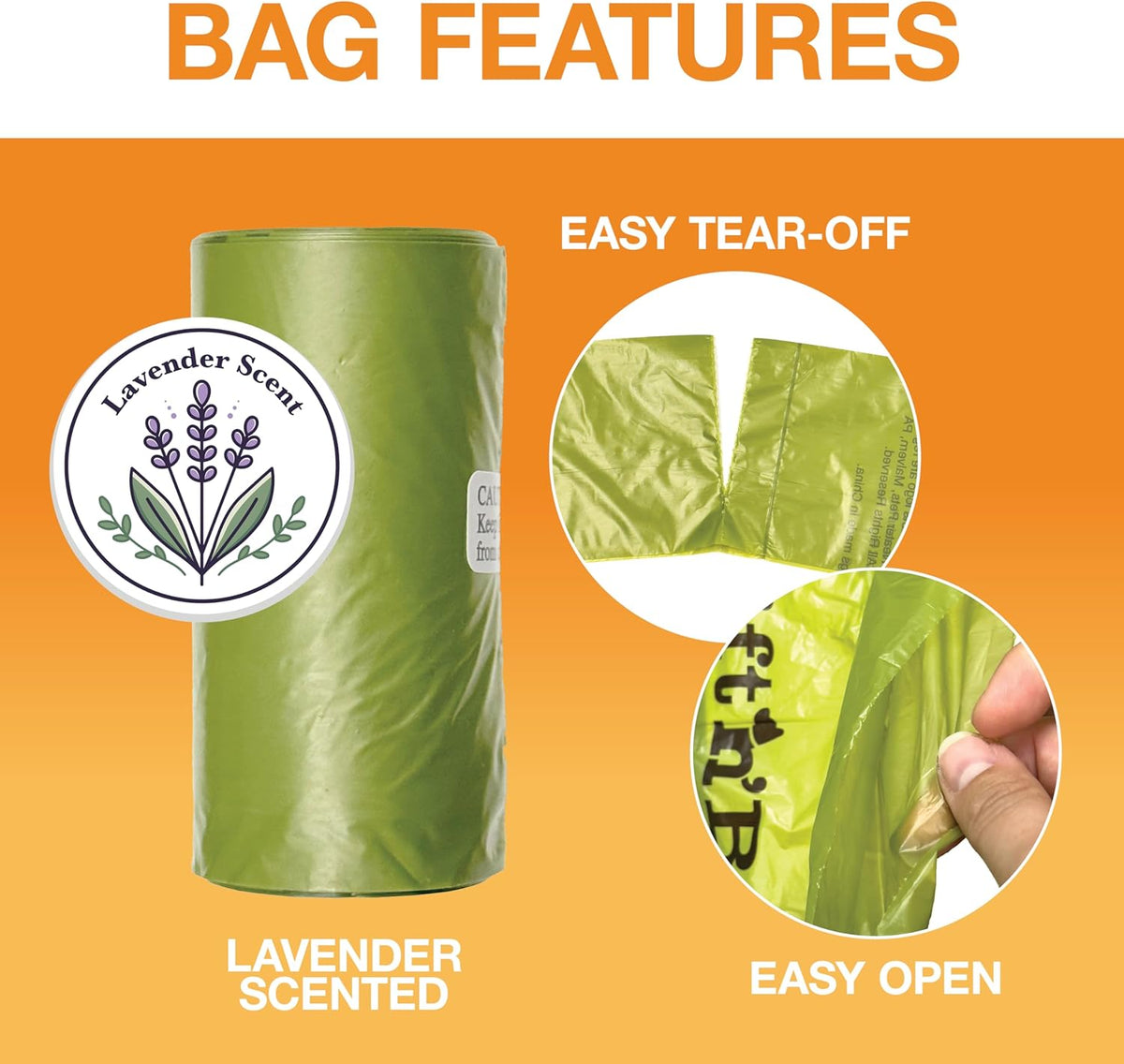 Heavy duty dog poop rolls showing three rolls forty five count