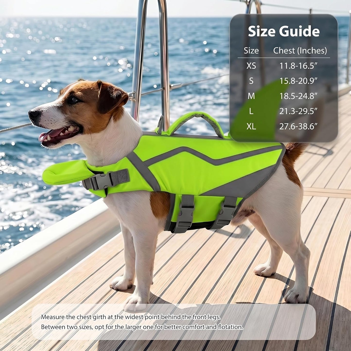 Doglay ripstop dog life jacket showing high-visibility reflective strips in dim light.
