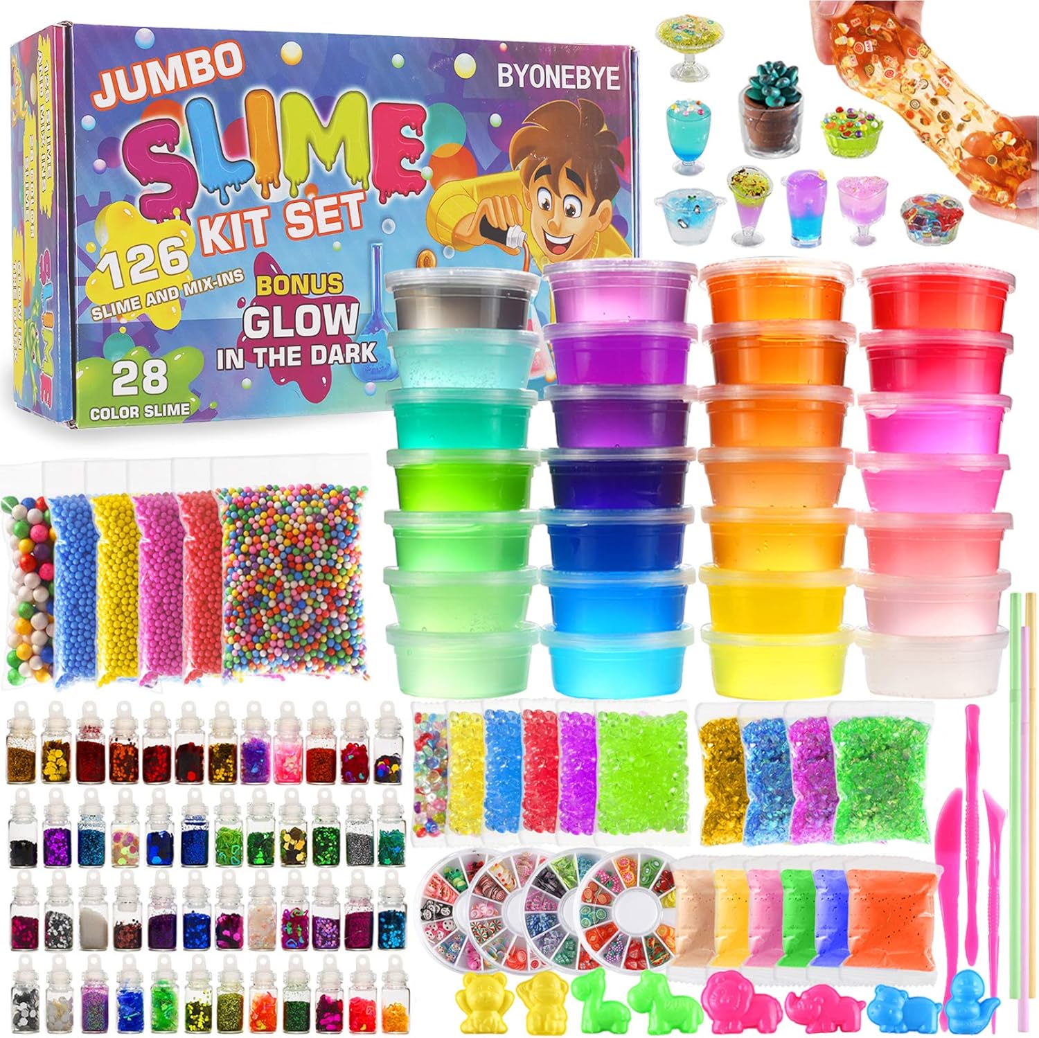 Byonebye 126 Piece DIY Slime Making Kit front view showing complete arts and crafts packaging for kids