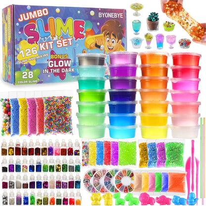 Byonebye 126 Piece DIY Slime Making Kit front view showing complete arts and crafts packaging for kids