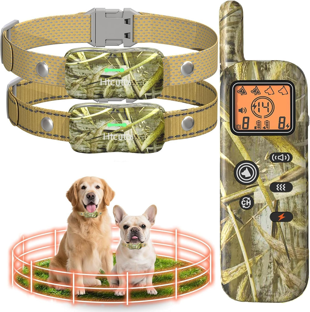 Htcuto wireless dog fence system front view showing the handheld transmitter and two camouflage receiver collars.