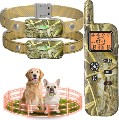 Htcuto wireless dog fence system front view showing the handheld transmitter and two camouflage receiver collars.