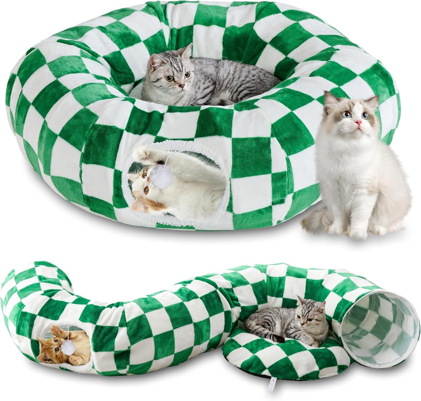 Bubble Cat Tunnel for Indoor Cats, Round Peekaboo Cave Toy with Dangling Balls, Donut Tunnel Bed with Circle Mat for Puppy Kitten Rabbit, Cream White - Image 10