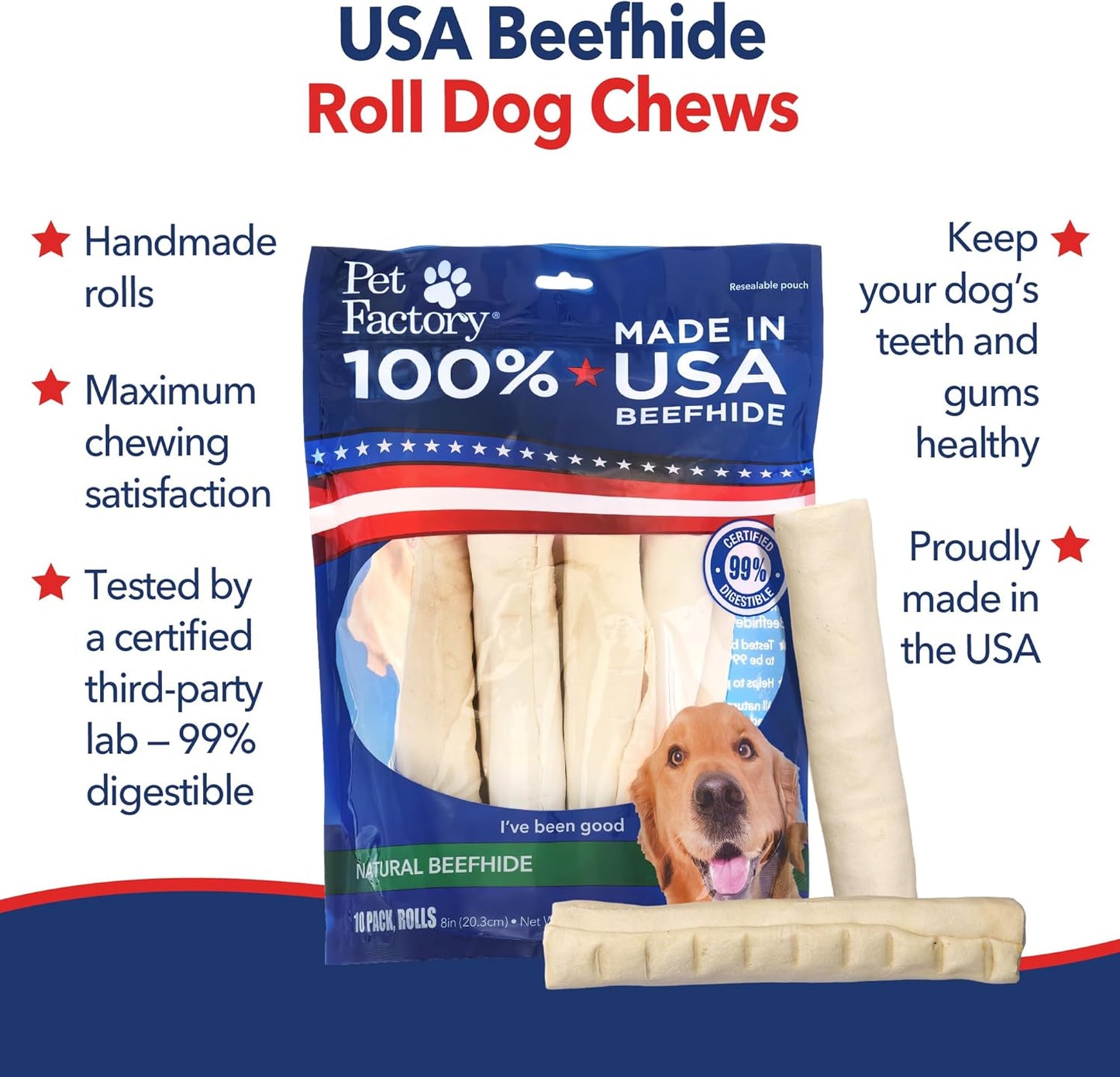 Pet Factory 8-inch natural flavor beefhide rolls 10-pack close up view