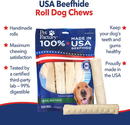 Pet Factory 8-inch natural flavor beefhide rolls 10-pack close up view