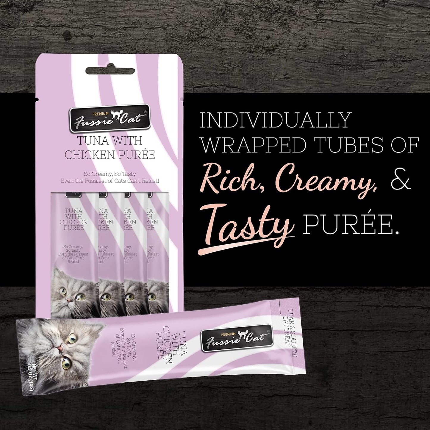 Creamy tuna and chicken cat treat texture close up
