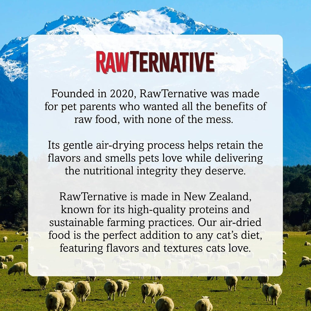 Grandma Mae's RawTernative cat food packaging showing New Zealand air-dried badge