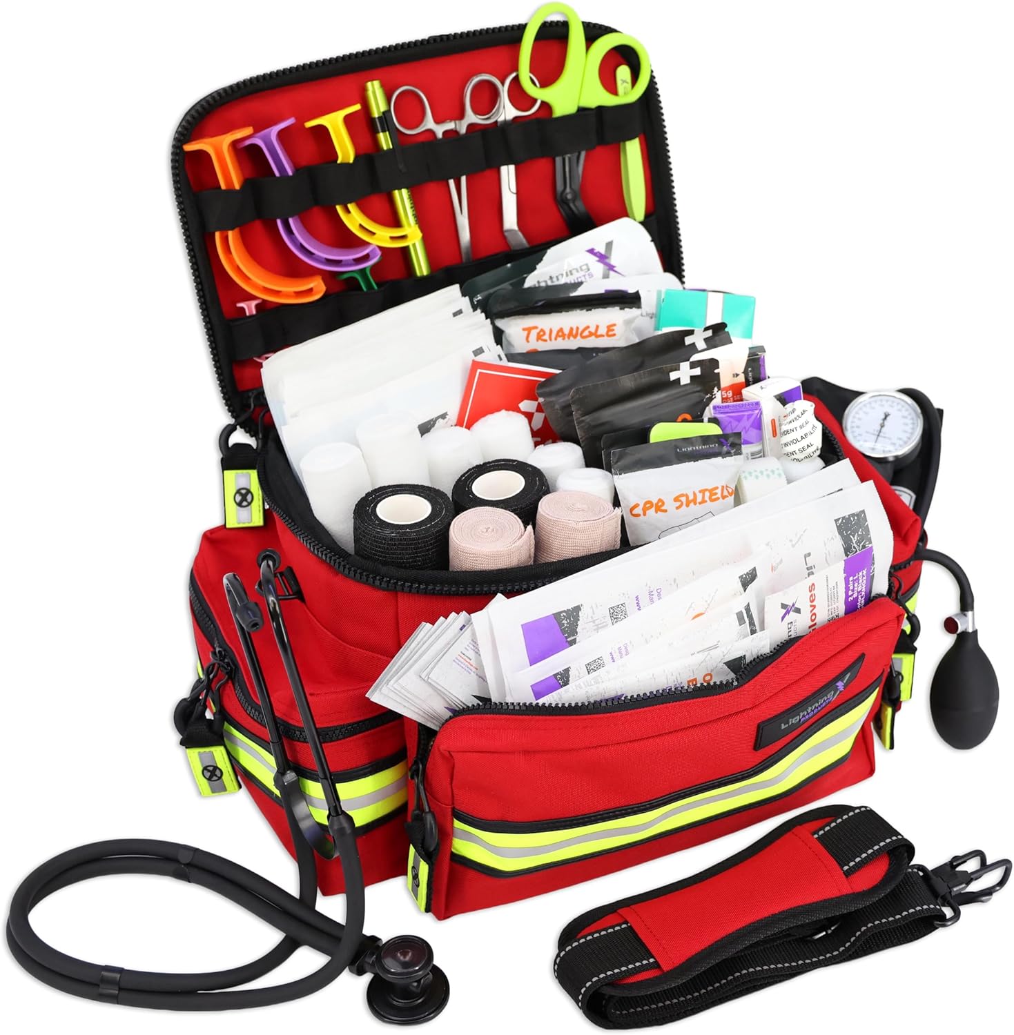 Lightning X Mid-Sized First Responder EMT Bag LXMB25 front view showing reflective stripes.