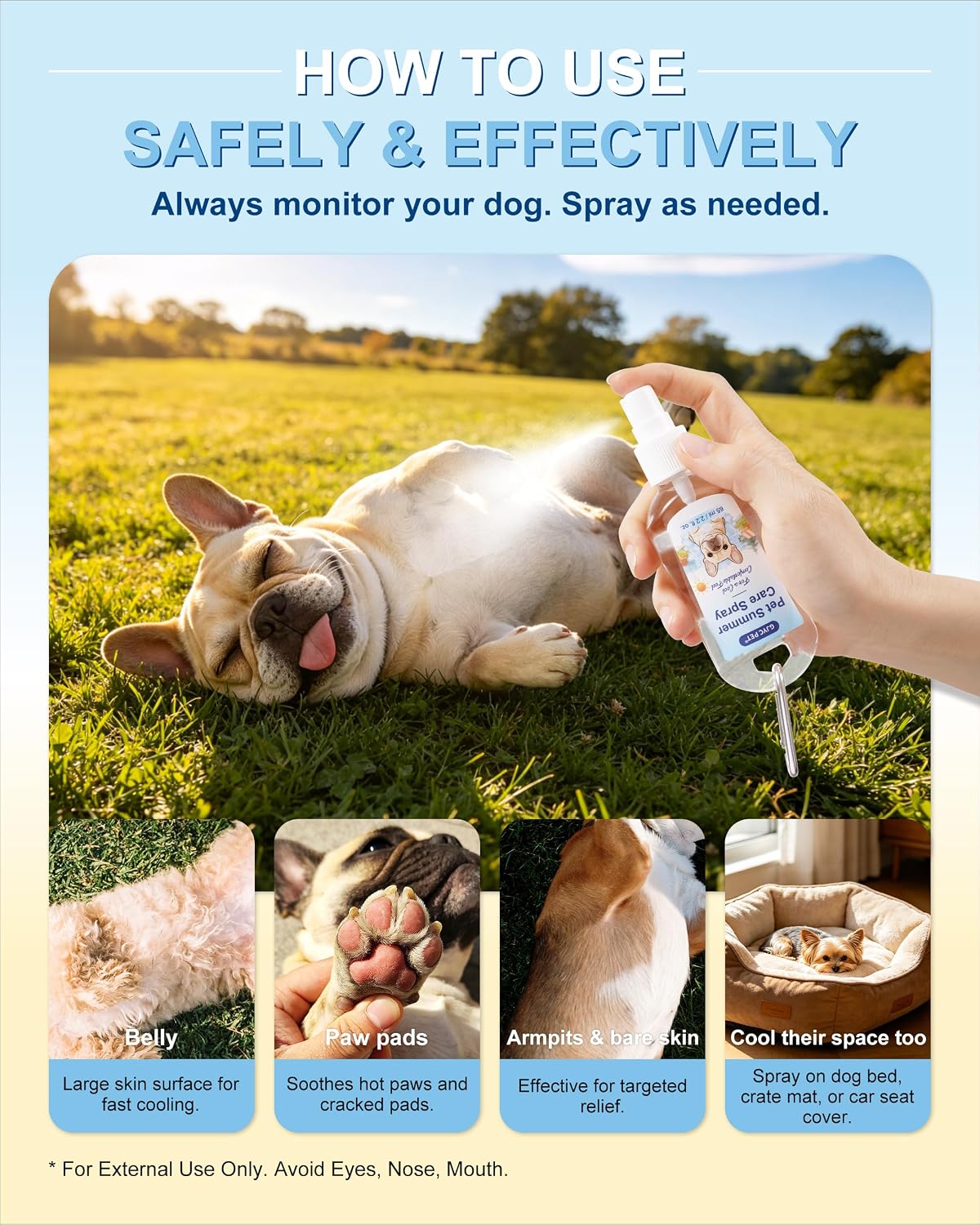 Fragrance-free pet heat relief spray showing the spray nozzle applicator for fine mist distribution.