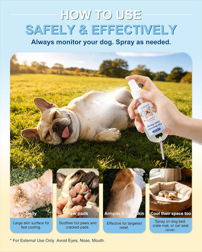 Fragrance-free pet heat relief spray showing the spray nozzle applicator for fine mist distribution.