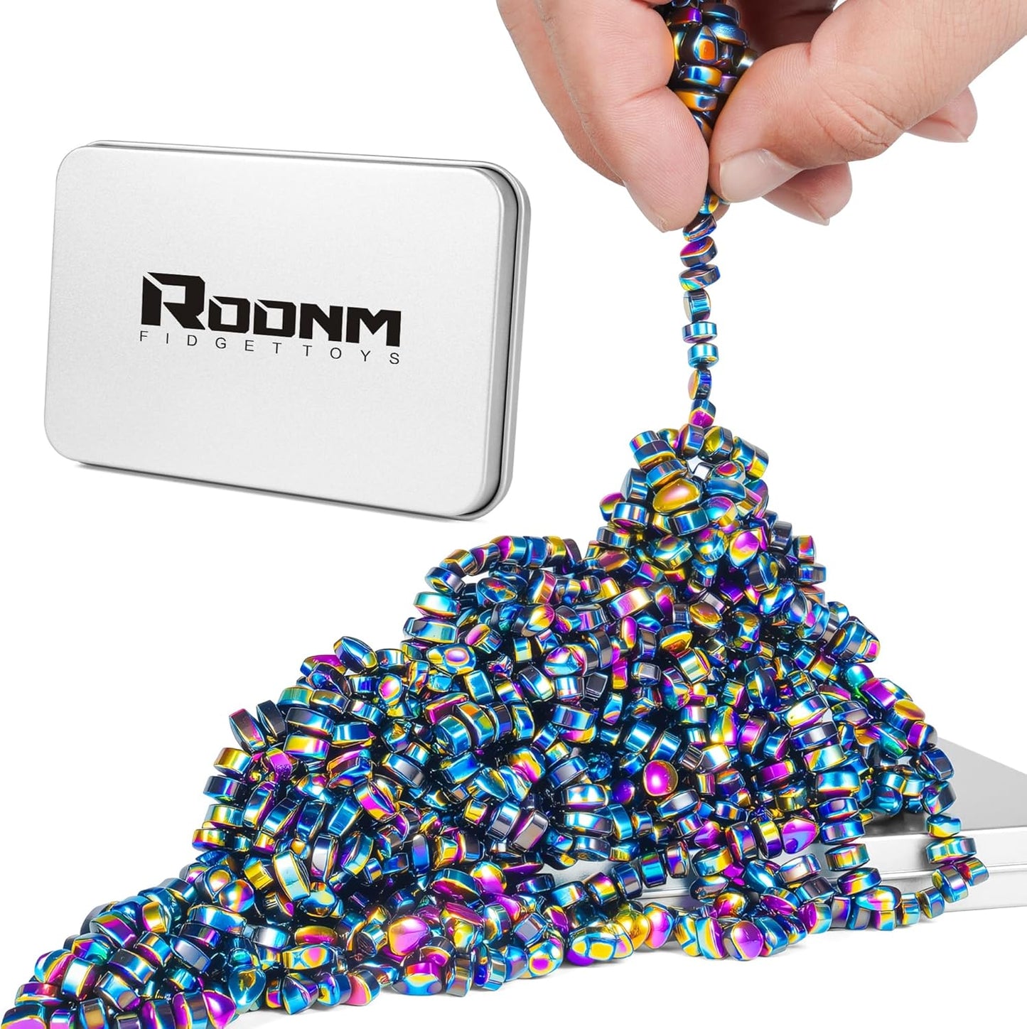RODNM Magnetic Putty Sensory Fidget Toy front view of metal tin container with colorful ferrite stones