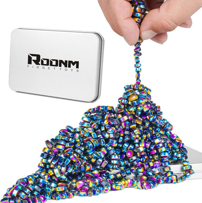 RODNM Magnetic Putty Sensory Fidget Toy front view of metal tin container with colorful ferrite stones