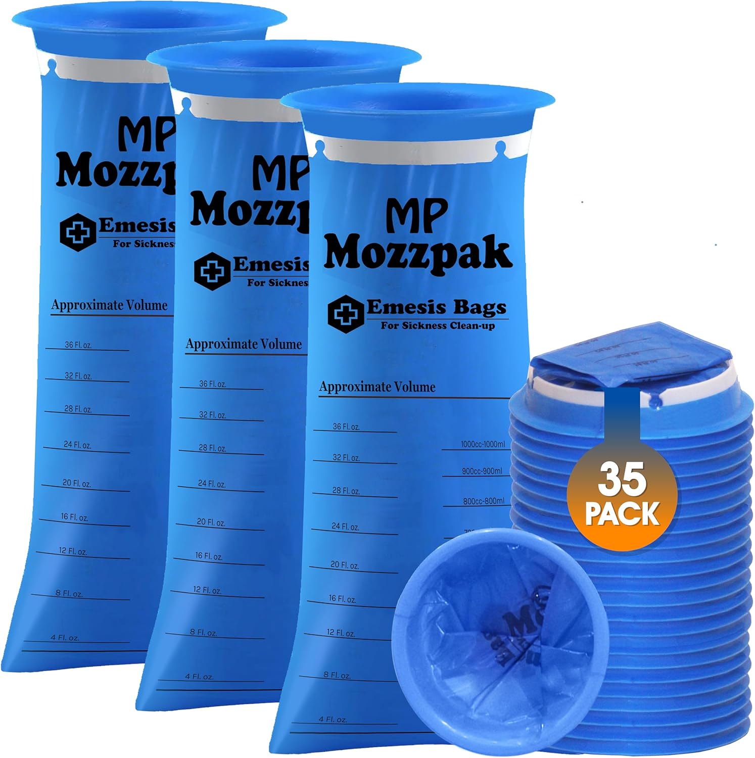 MP MOZZPAK Disposable Vomit Bags 35 Pack front view showing blue medical grade emesis bags.