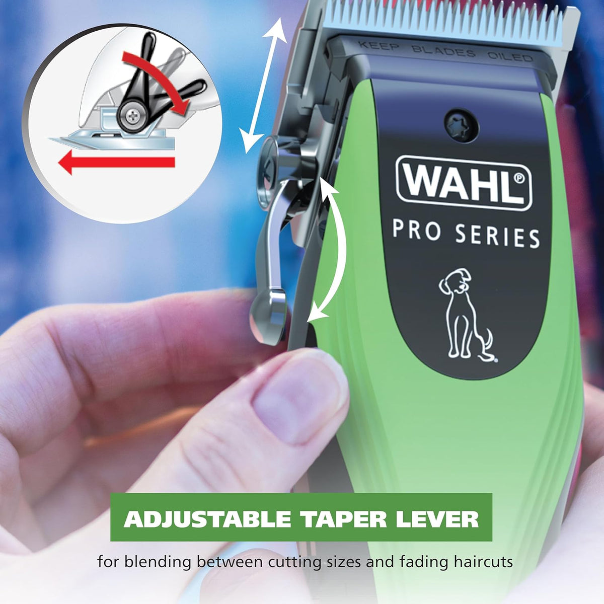 Wahl cordless dog clipper showing USB charging port and accessories