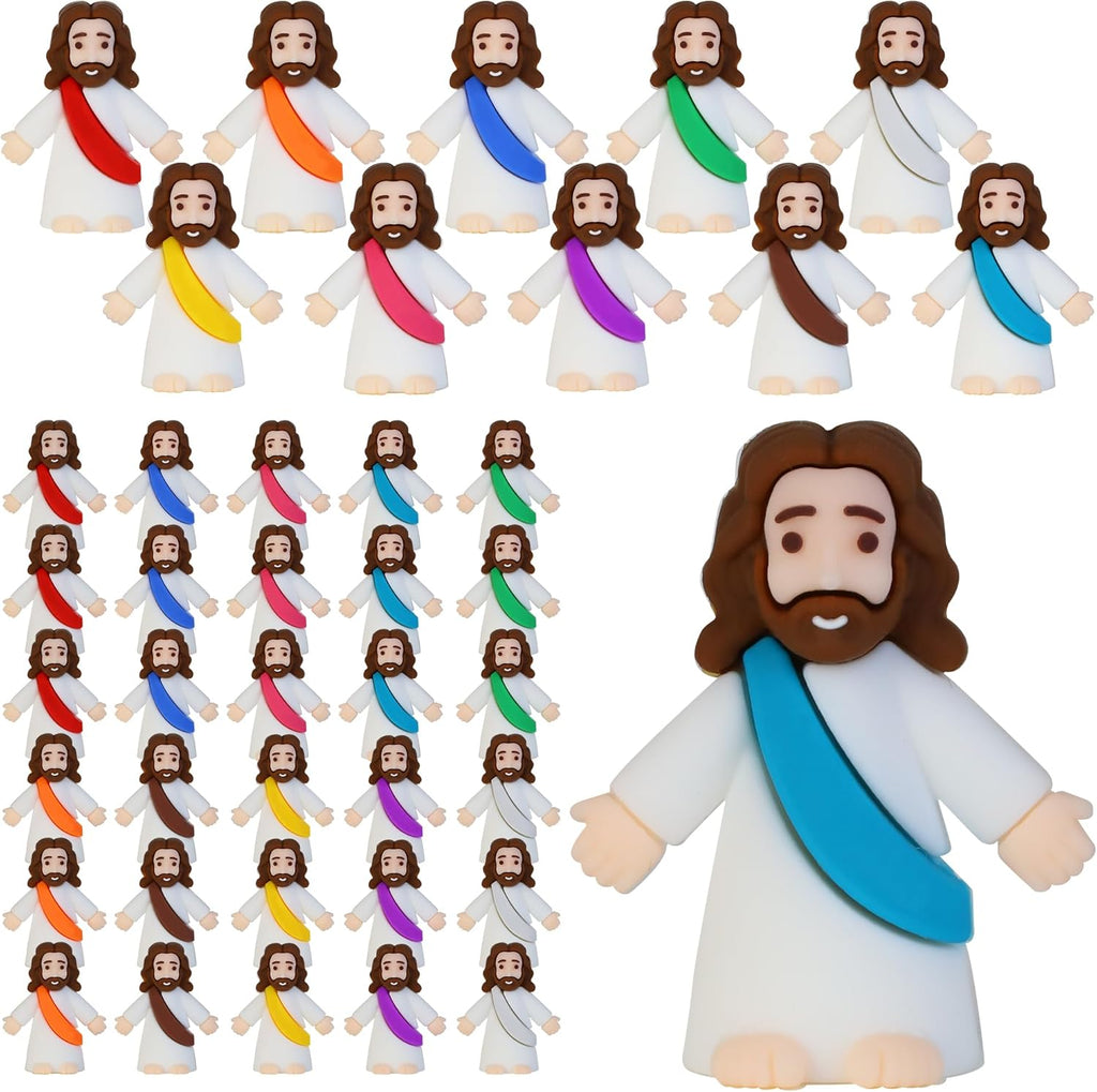 Bamamon mini Jesus figures bulk 30 pieces front view showcasing ten diverse sash colors