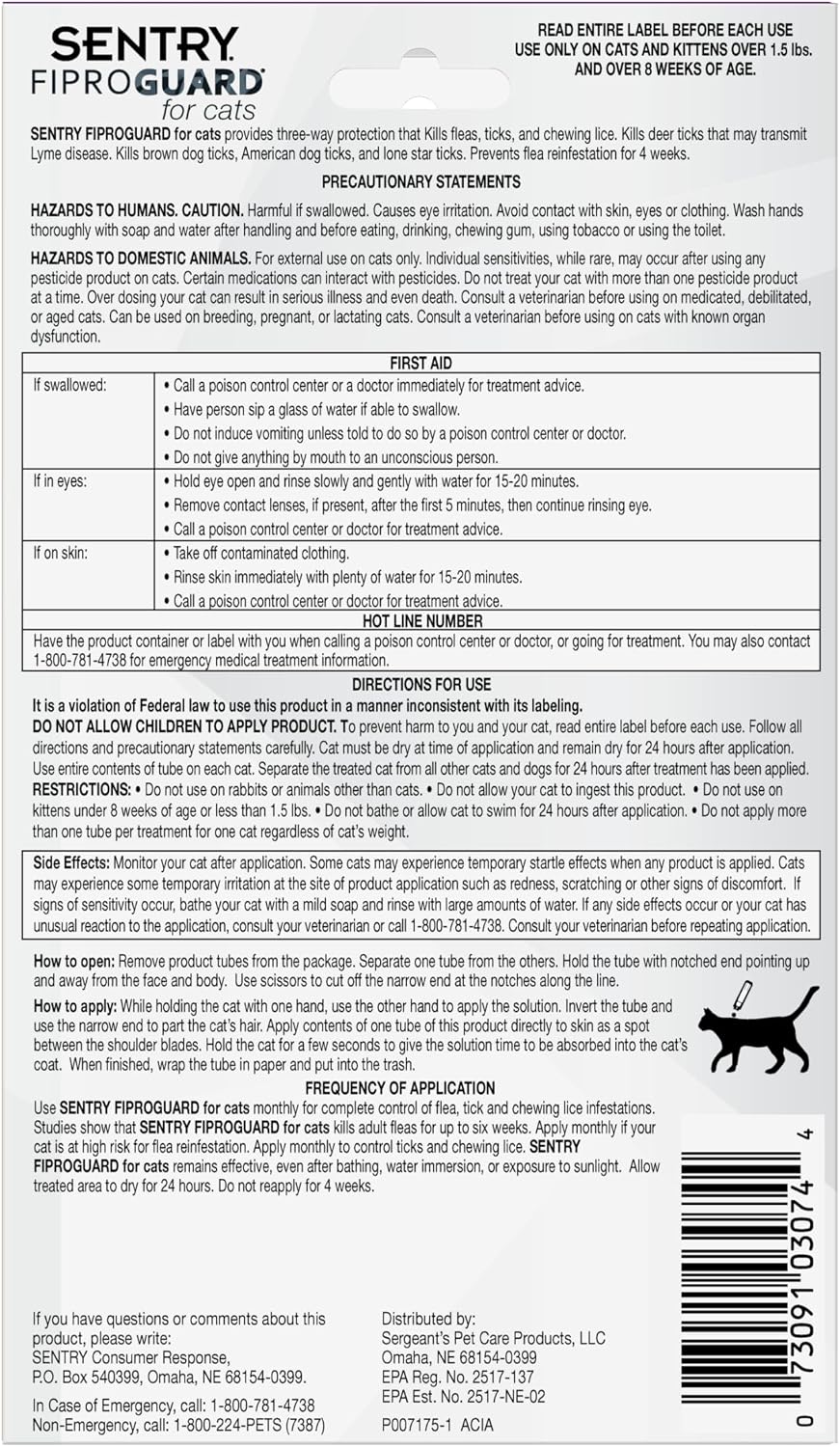 Sentry flea protection drops for cats and kittens over eight weeks old