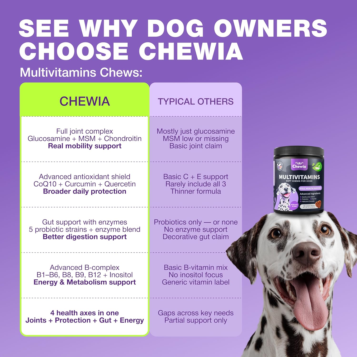 Educational label showing 15 in 1 vitamin benefits for dogs