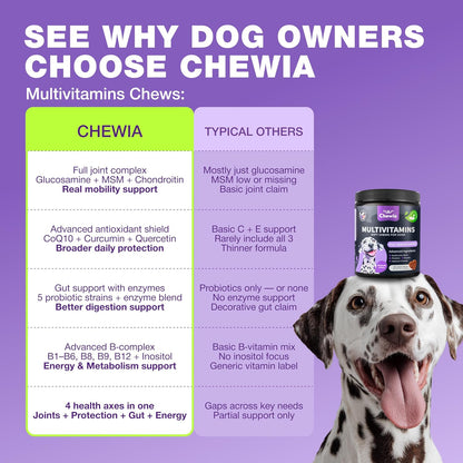 Educational label showing 15 in 1 vitamin benefits for dogs