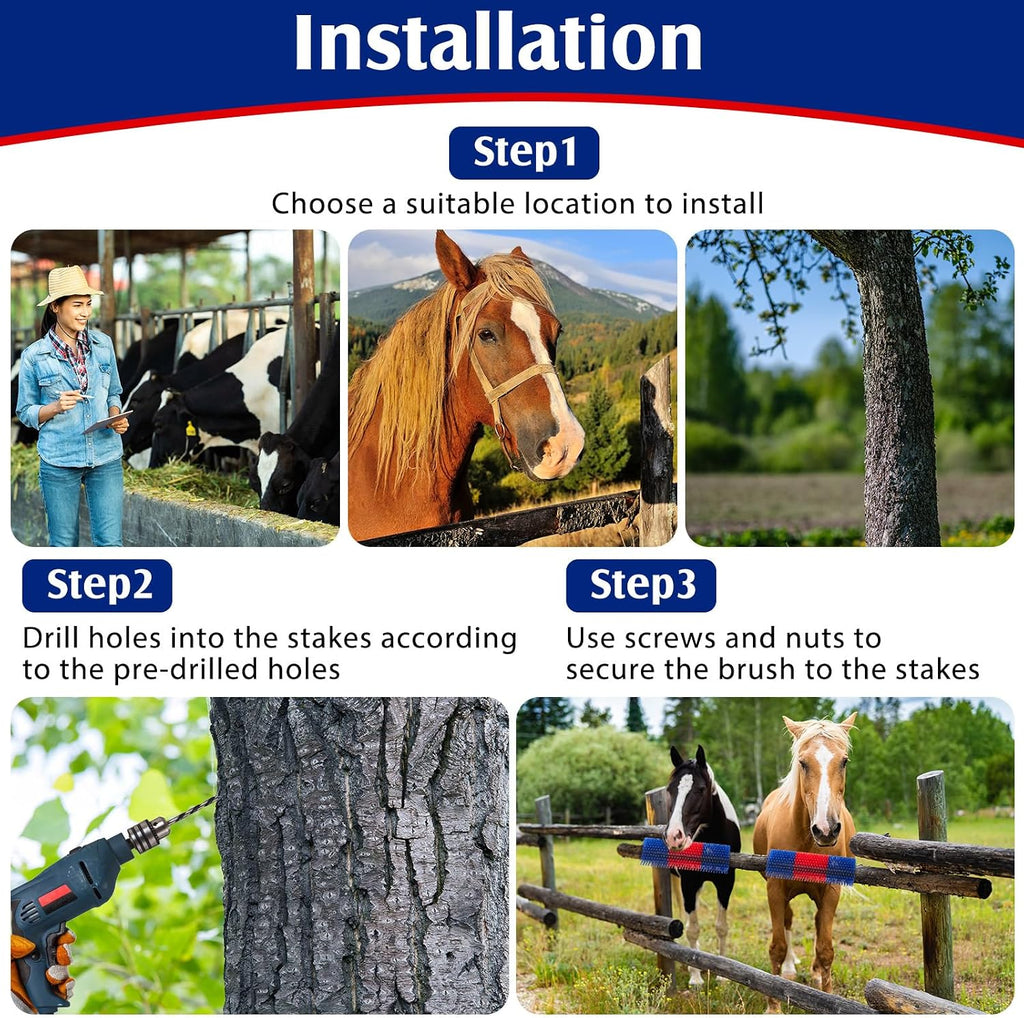 Livestock scratching brush mounted on barn wall